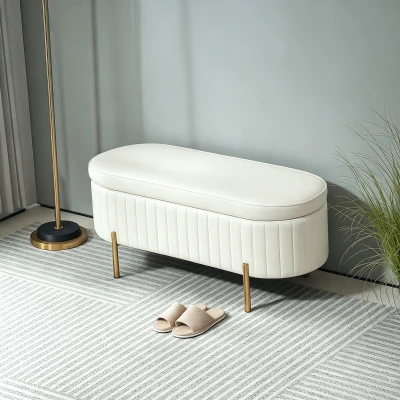 HOMCOM Banc Rangement Velours 72L Pieds Métal Crème 108cm