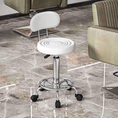 HOMCOM Rollhocker, Drehbarer und verstellbarer Hocker mit Rückenlehne, Kunstlederbezug, Fußstütze, für Frisiertische, Weiß