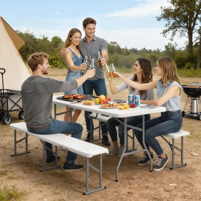 Outsunny 3-teiliges Picknicktisch-Set, 1 Tisch, 2 Bänke, Faltbarer Campingtisch mit Tragegriffen, Kunststoff, Metall, Weiß