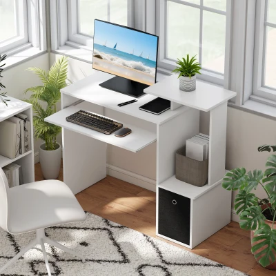 Birou pentru PC cu Sertar din Material Textil Alb și Negru