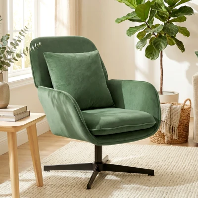 HOMCOM Fotoliu de Salon Rotativ 360° cu Pernă Lombară Detașabilă, Șezut Generos, Fotoliu Tapițat Modern din Catifea cu Cotiere, pentru Living, 73x83.5x85 cm, Verde