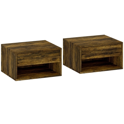 HOMCOM Wall Mounted Nightstands, Floating Bedside Tables Set of 2 with Drawer and Open Shelf for Bedroom, Rustic Brown