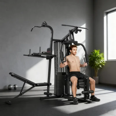SPORTNOW Multifunctionele trainingsstation, thuissportapparaat voor meer dan 10 oefeningen, gewichten, verstelbare fitnessbank, zwart