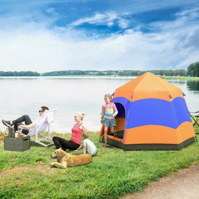 Outsunny Doppellagiges Instant-Pop-Up-Zelt mit Regenschutz, Outdoor Familienzelt für 4 Personen wasserdicht sechseckig 4 Jahreszeiten Kuppelzelt mit Bodenplane 2 Türen Moskitonetz Tragetasche Orange
