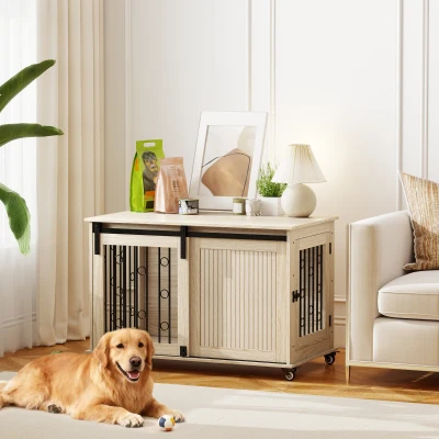 PawHut Jaula para Perros Medianos y Grandes Mesa Auxiliar Moderna con 2 Puertas y Cierre 100x56x65 cm Roble