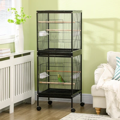 PawHut Gaiola para Pássaros com Rodas de 2 Níveis  com Bandejas Removíveis Portas Comedouros Poleiros 51,5x50x140 cm Preto