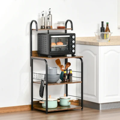 HOMCOM Küchenregal, Standregal mit 3 Ablagen, 4 Haken, Mikrowellenregal für Küche, Esszimmer, Rustikal-Braun, 60 x 40 x 125 cm