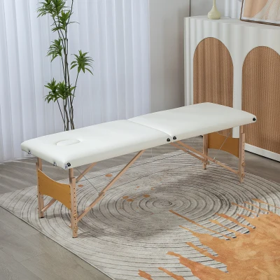 HOMCOM Mobile Massageliege 2 Zonen Klappbar Höhenverstellbar Massagetisch 60 cm Breit mit Tragetasche Holzfüßen Cremeweiß