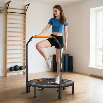 HOMCOM Cama Elástica Plegable Ø102 cm con Mango Ajustable Marco de Acero para Entrenamiento Piernas Cuerpo Negro y Naranja