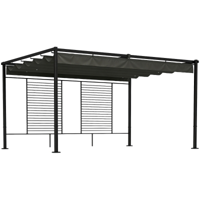 Outsunny Pérgola de Jardín 4x3 m con Techo Retráctil 2 Paneles de Privacidad UPF50+ Cenador de Jardín para Patio Exterior Gris