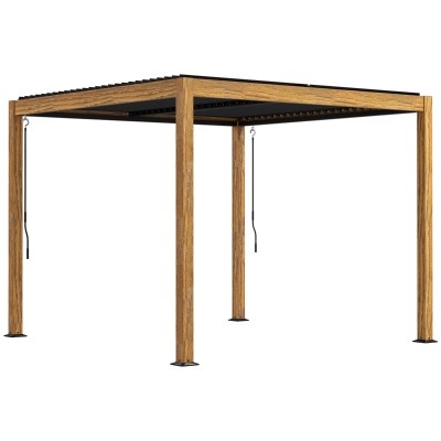 Outsunny Tuinpaviljoen met lamellendak, handkruk, aluminium/hout, 3x3m, zwart/natuur