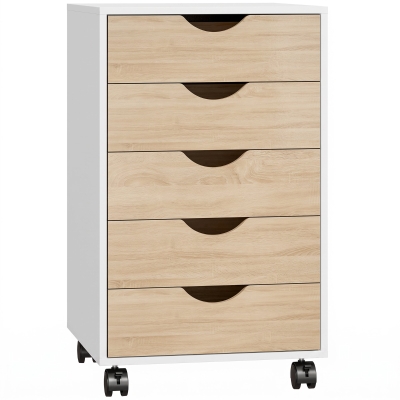 HOMCOM Büroschubladenkommode auf Rollen mit 5 Schubladen, mobiler Aktenschrank für Arbeitszimmer Wohnzimmer 40x40x67 cm Weiß und Natur