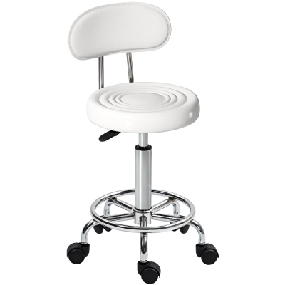 HOMCOM Rollhocker, Drehbarer und verstellbarer Hocker mit Rückenlehne, Kunstlederbezug, Fußstütze, für Frisiertische, Weiß