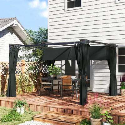 Outsunny Pérgola con Techo Retráctil 4x3 m Cenador con Paredes Laterales Anti-UV Resistente al Agua para Jardín Patio Gris Oscuro