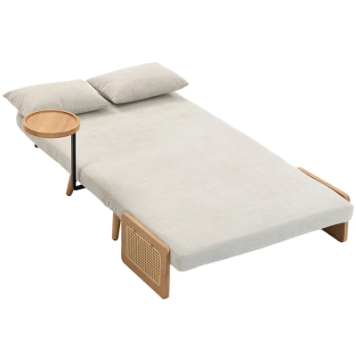 HOMCOM Sofá Cama 2 Plazas Convertible 3 en 1 Tapizado en Chenilla con Respaldo Ajustable Mesa Lateral 2 Almohadas Blanco Crema
