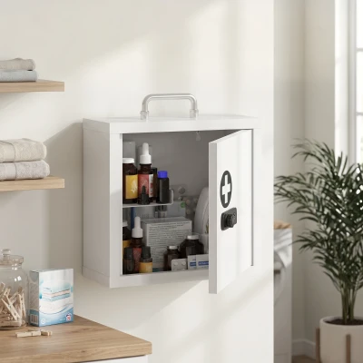 HOMCOM Medizinschrank zur Wandmontage mit Zahlenschloss, 2-stufiger Erste-Hilfe-Schrank aus Edelstahl, Weiß