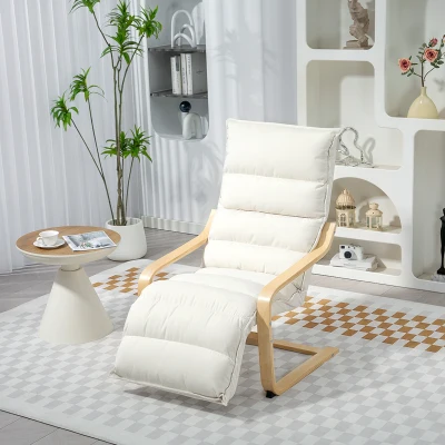 HOMCOM Loungestoel van berkenhout, gestoffeerde stoel met verstelbare voetensteun, moderne armleuningstoel, creme wit