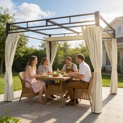 Outsunny Pérgola de Jardín 3x3 m con Techo Retráctil y Cortinas Protección UV30+ Estructura Metálica para Patio Terraza Beige