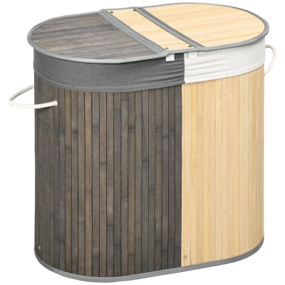 HOMCOM 100 L Wäschekorb mit Deckel, Griff, 2 Abschnitte, herausnehmbarer Wäschesack, für Schlafzimmer, Bambus Grau+Natur