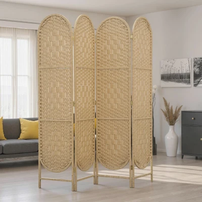HOMCOM Biombo Separador de Ambientes 4 Paneles 160x170 cm con Parte Superior Arqueada Tejido a Mano Divisor Plegable Natural