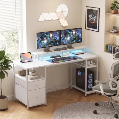 HOMCOM Masă de birou cu lumini LED, sertare, prize, porturi USB și suport pentru monitor 155,5x48x88,5 cm Alb