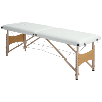 HOMCOM Mobile Massageliege 2 Zonen Klappbar Höhenverstellbar Massagetisch 60 cm Breit mit Tragetasche Holzfüßen Cremeweiß