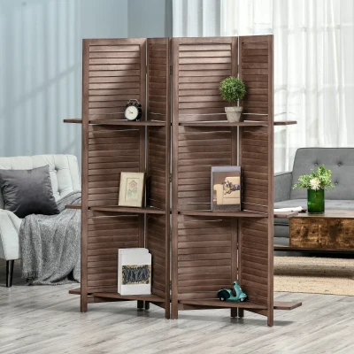 HOMCOM Biombo Plegable de 4 Paneles de Madera 162x170 cm Biombo Separador de Ambientes con 3 Estantes Nogal