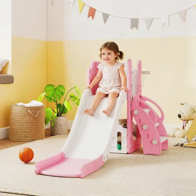 AIYAPLAY 5-in-1 Kinderrutschenset, Teleskop, Basketballkorb, HDPE, Kunststoff, Rosa+Weiß