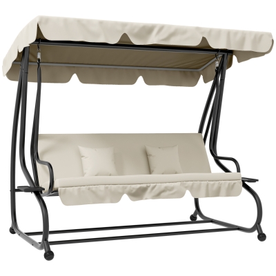 Outsunny 2-in-1 Tuinschommel met Ligfunctie, Verstelbaar Dak, tot 340 kg, Staal, 200x120x164 cm, Crèmewit