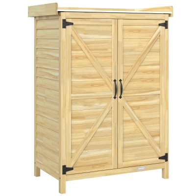 Outsunny Dulap de Grădină din Lemn cu Blat din Oțel, Rafturi și Cârlige, 71.5x39x95 cm