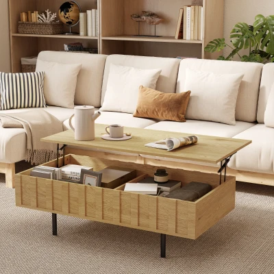 HOMCOM Mesa de Centro Elevable Mesa de Café para Salón con 2 Compartimentos Ocultos Patas de Metal 110x55x36,5 cm Roble