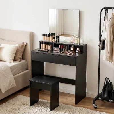 HOMCOM Coiffeuse Bois Noir Miroir 3 Étagères 2 Tiroirs Tabouret