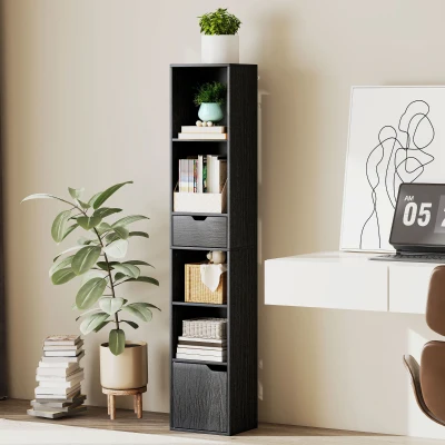 HOMCOM Libreria a 4 Ripiani con Armadietto e Cassetto Nero
