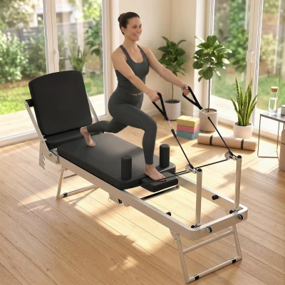 Reformer Pilates cu 2 Benzi Elastice, Mărime Unică, Alb