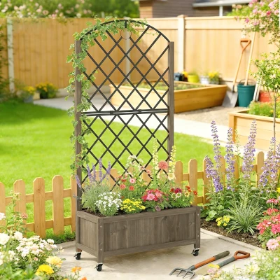 Outsunny Raised Planter Box Metal Trellis Wooden Carbonised