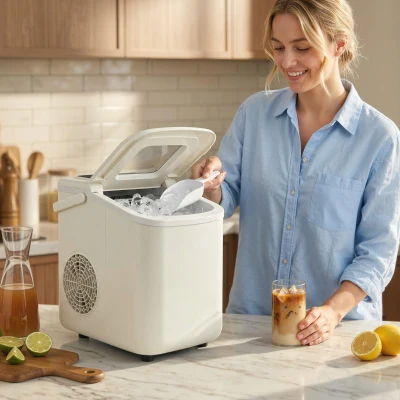 HOMCOM Tragbare Eiswürfelmaschine mit Selbstreinigung, Eisschaufel & Korb, 12 kg/24 Std., Beige