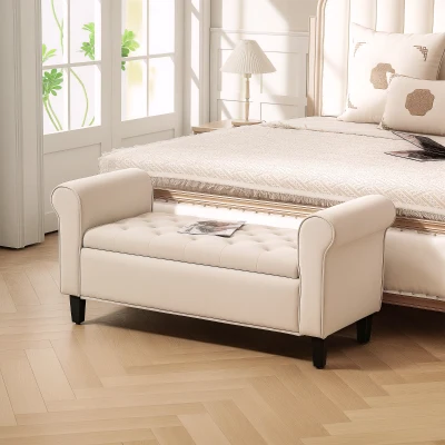 HOMCOM Sitzbank im Vintage-Design, Sitzbank mit Stauraum, Samtoptik, Beige