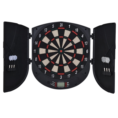 HOMCOM Elektronische Dartscheibe Dartboard mit Sprachansagen Englische Stimme LED-Anzeigen 6 Darts 26 Spiele 185 Varianten Dartautomat mit Tür Dartscheibe Set für bis zu 8 Spieler