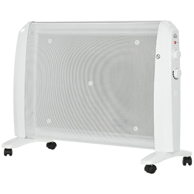 HOMCOM Radiator Electric Mică 1000W/2000W cu Termostat Reglabil, 15-20 m², 4 Roți, 79x27x54 cm, Alb