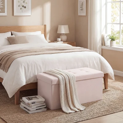 HOMCOM Puff Almacenaje, Banco Almacenaje Plegable 84 L 76x38x38 cm Tapizado en Lino Sintético Baúl de Almacenamiento Rosa