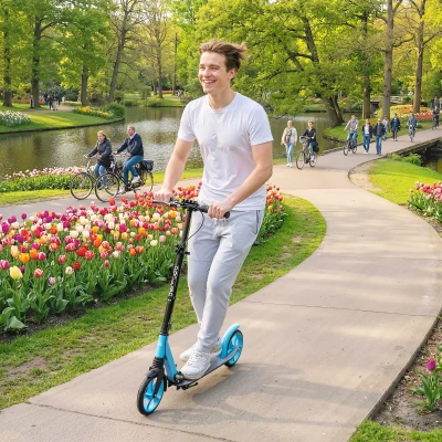 HOMCOM Patinete Plegable para Adultos y Niños de +14 Años Scooter con Manillar Ajustable 91,5x36,5x91-104 cm Azul