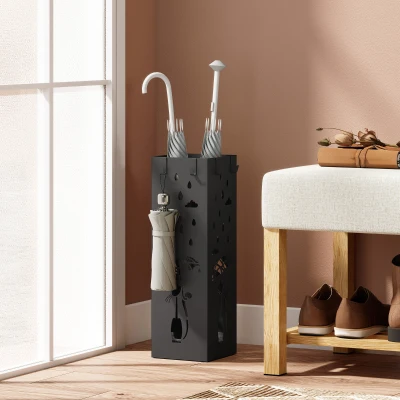 HOMCOM Suport de Umbrele Pătrat din Metal pentru Intrare, Suport Autoportant cu Tavă Detașabilă și 4 Cârlige, pentru Interior și Exterior, 15.5x15.5x49 cm, Negru