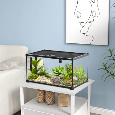 PawHut Reptielenbox Terrarium, inclusief streepjesthermometer, voederluiken, 50 cm x 30 cm x 25 cm, glas + metaal, zwart