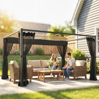 Outsunny Pérgola de Jardín 3x4 m con Techo Retráctil 4 Laterales de Malla UPF30+ Cenador de Jardín para Patio Exterior Gris