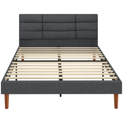 HOMCOM Cama Tapizada 140x200 cm con Cabecero Acolchado de Rejilla Almacenaje Inferior Láminas de Madera Gris