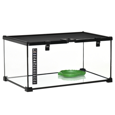 PawHut Reptielenbox Terrarium, inclusief streepjesthermometer, voederluiken, 50 cm x 30 cm x 25 cm, glas + metaal, zwart