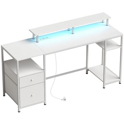 HOMCOM Masă de birou cu lumini LED, sertare, prize, porturi USB și suport pentru monitor 155,5x48x88,5 cm Alb