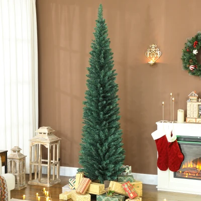 HOMCOM Árvore de Natal Slim 210 cm Árvore de Natal Artificial com 401 Ramos Suporte Metálico Decoração para Interior Verde