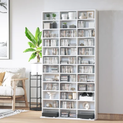 Bibliotecă pentru CD-uri cu 3 coloane și 12 rafturi din lemn alb