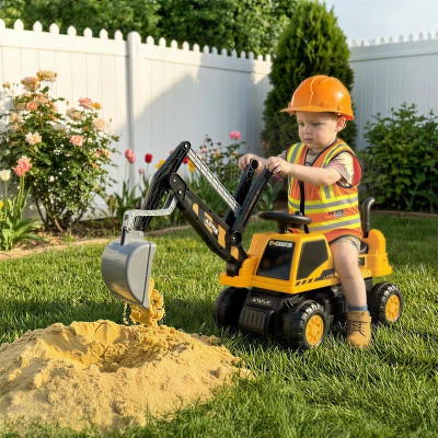 AIYAPLAY Sitzbagger Aufsitzbagger mit Schaufel Lenkrad drehbar Aufbau verstellbar Rückenlehne für Kinder 1,5-3 Jahre Gelb